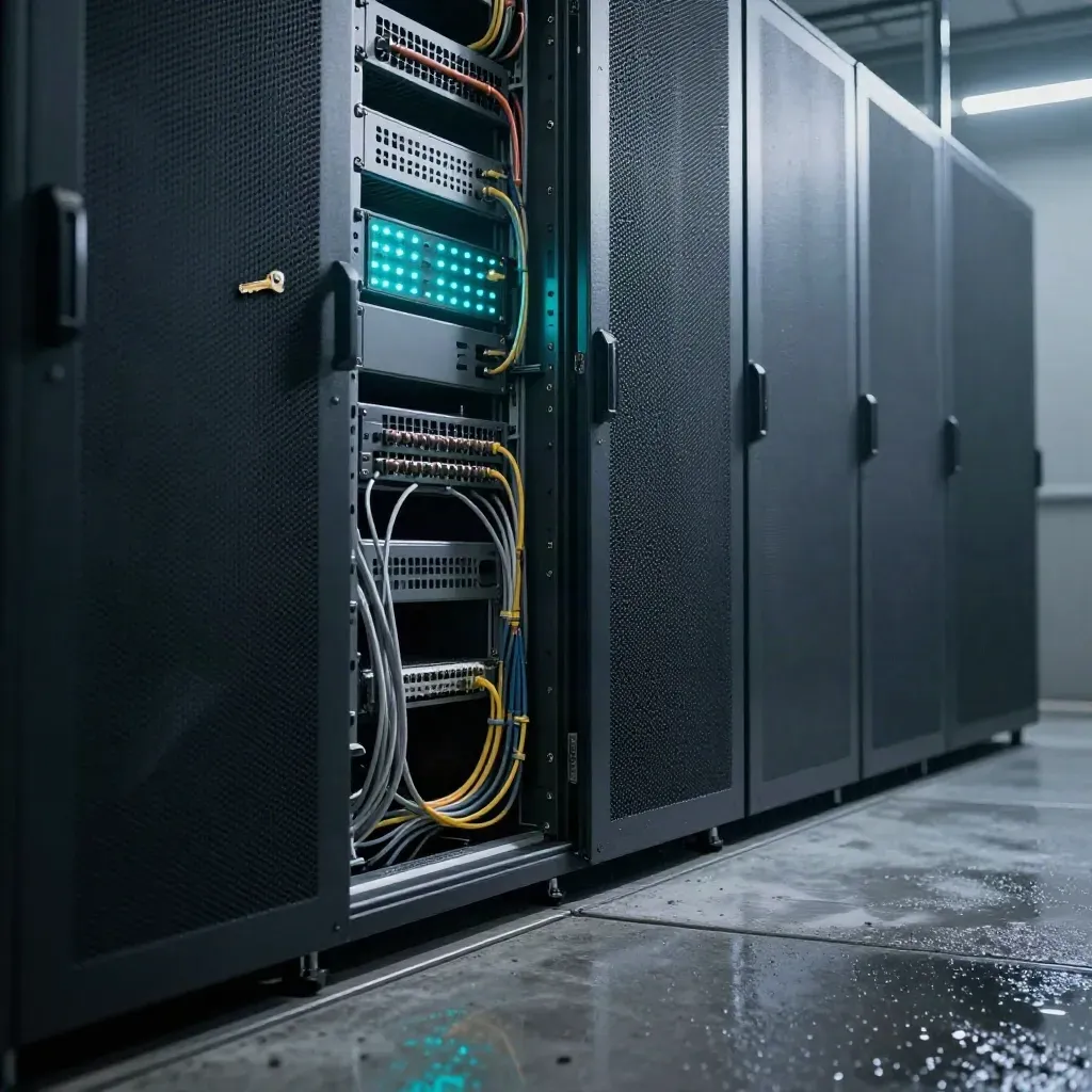Moody UK server room with cyan-lit racks and rain reflections