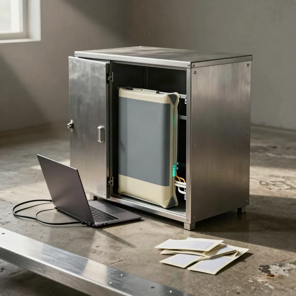 Open network cabinet, test laptop, patch leads and tamper seals in a concrete utility room.