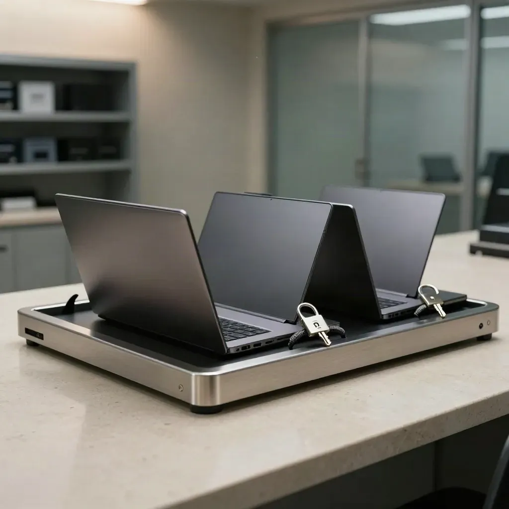Three locked business laptops in a charging cradle on a pale stone counter.