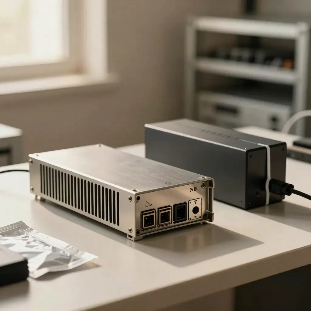 Firewall module beside a power brick, cable ties and anti-static bag on a pale workbench.