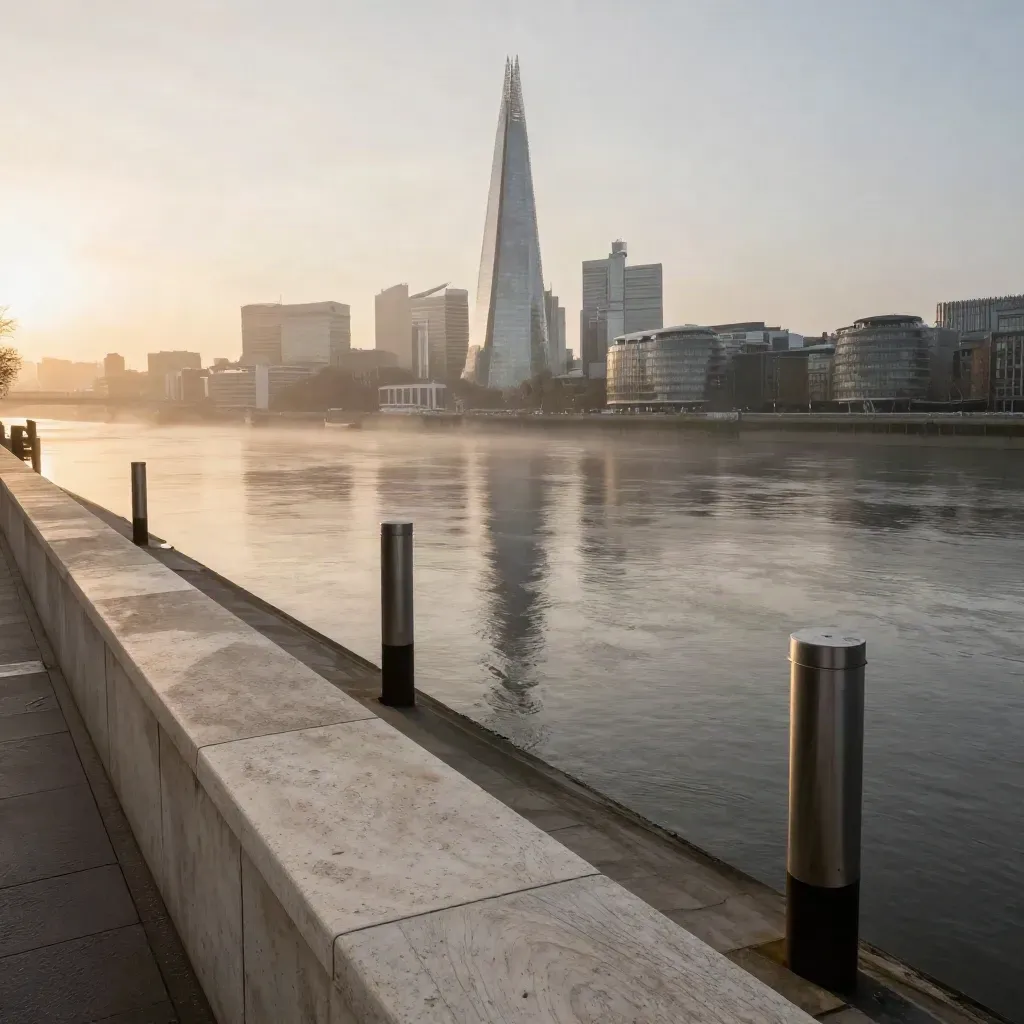 London skyline with The Shard above a hazy Thames at dawn