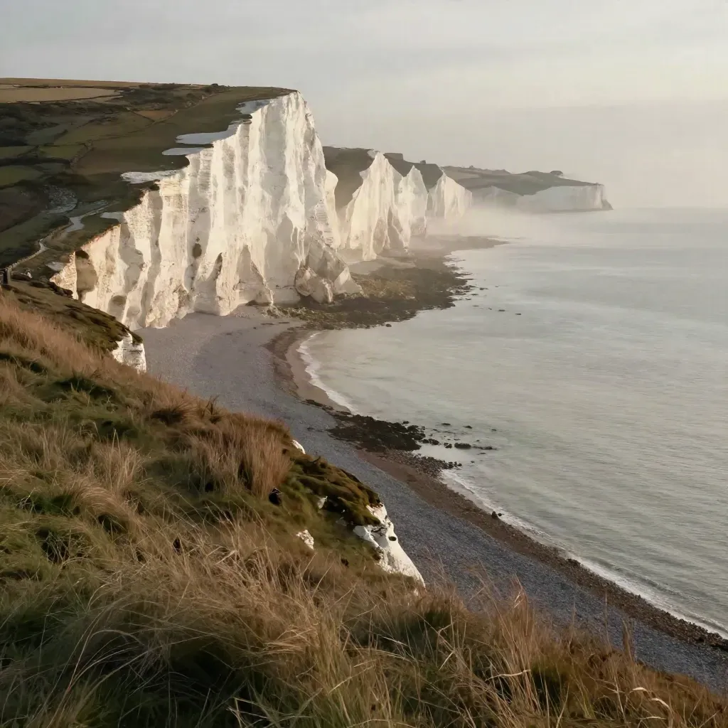 Mist over South East chalk cliffs at dawn, with calm sea and open space for headline copy.
