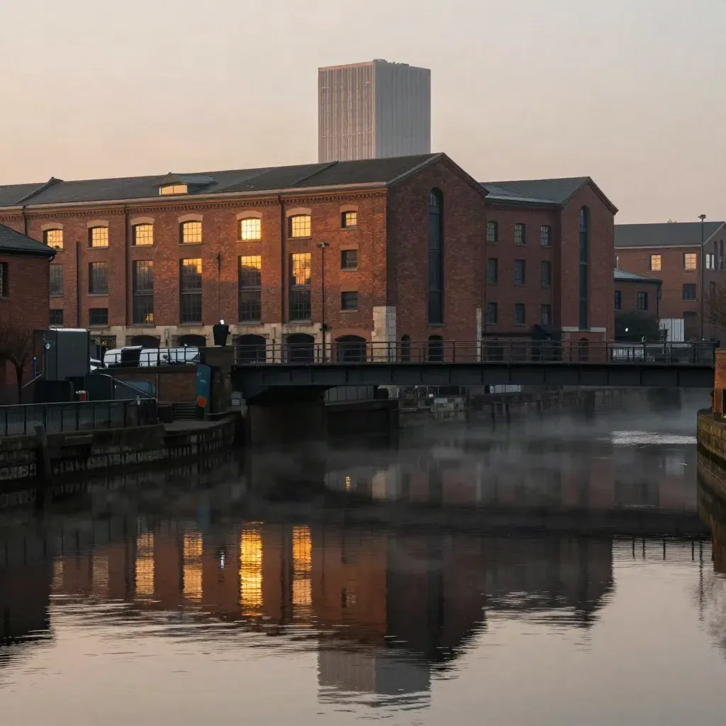 Birmingham canal skyline in warm haze, brick warehouses and steel bridges mirrored in still water