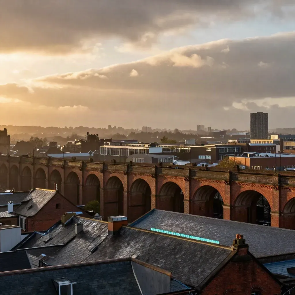 Manchester skyline and railway arches glowing through mist after rain at golden hour.